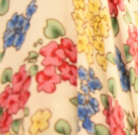 White with Pink Blue and Yellow Rayon Floral Print Fabric Swatch